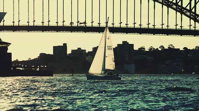 Sailboat Going Under The Bridge In Sydney Harbor
